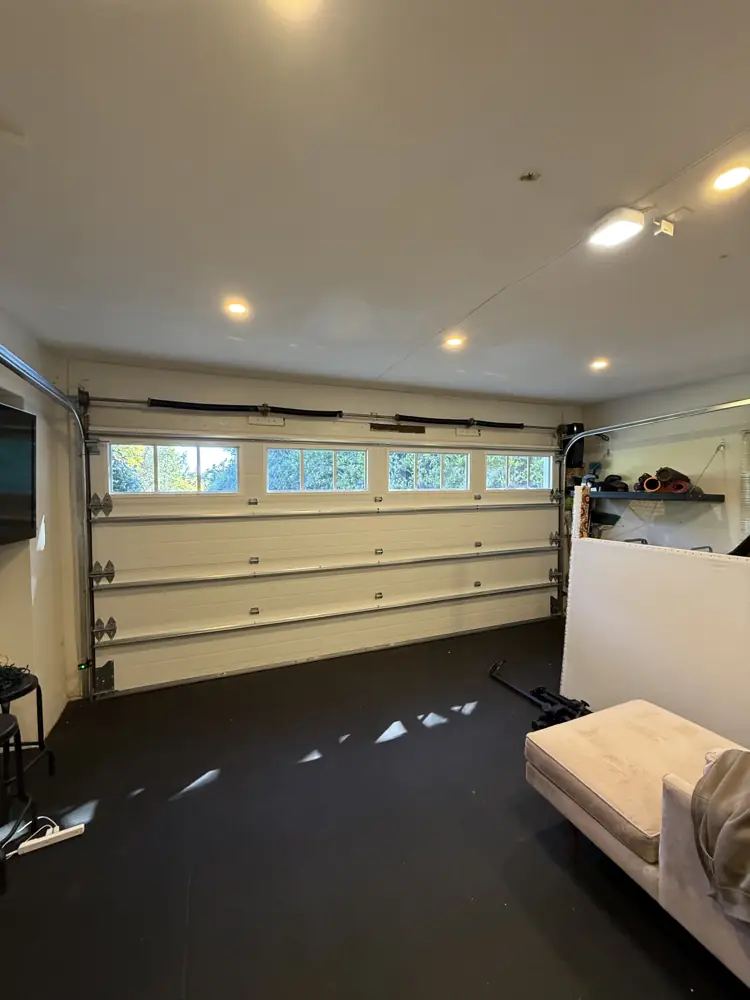 Garage interior with insulated door and windows