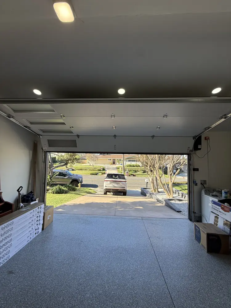 Open garage door seen from inside the garage